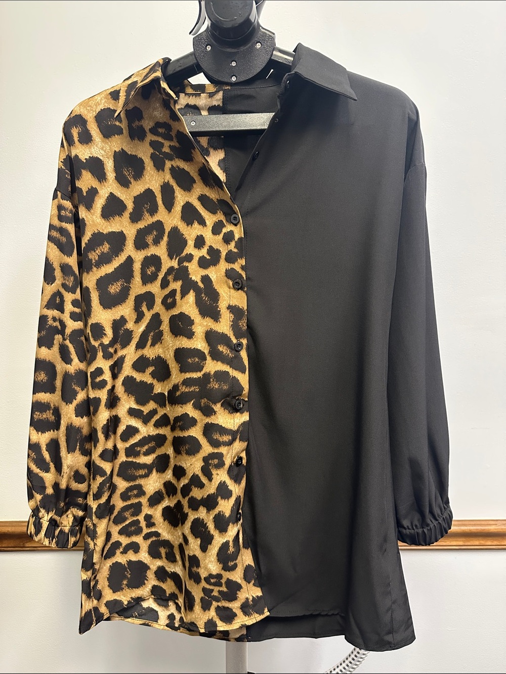 Two-Tone Leopard & Black Button-Up Blouse